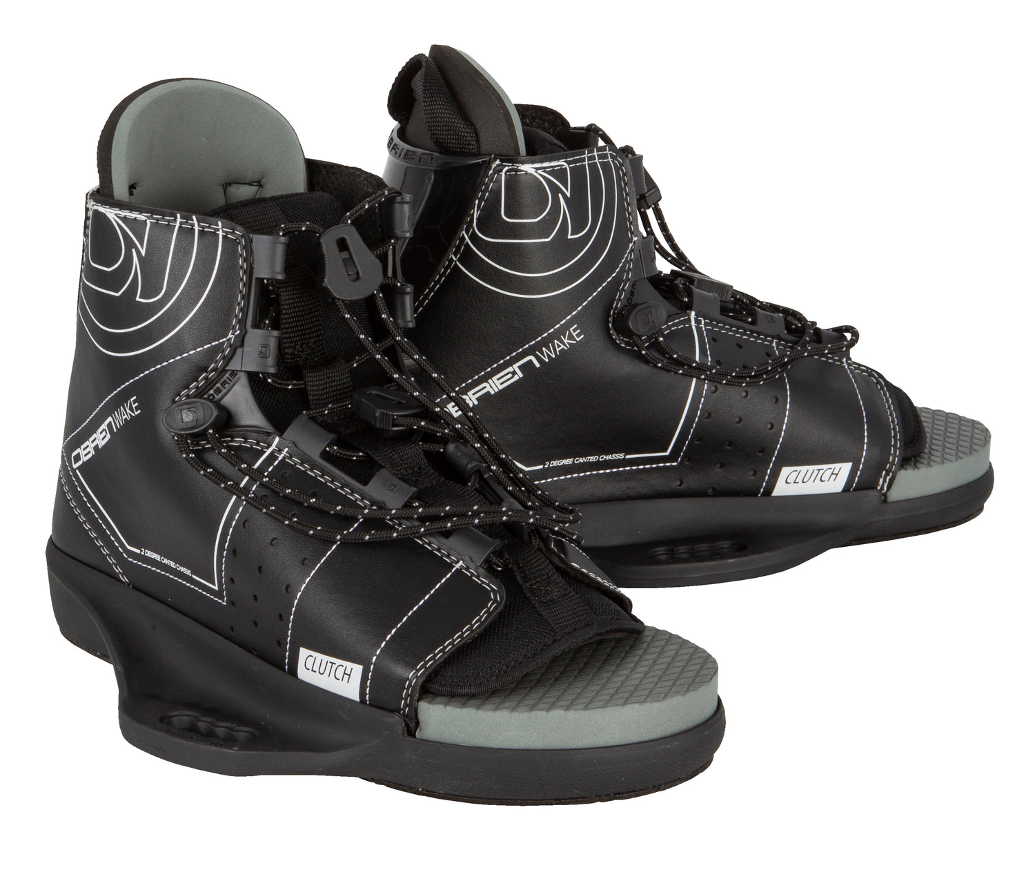 Pair of black water ski boots with gray soles on a white background