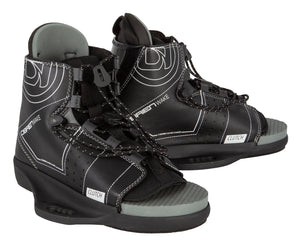 Pair of black water ski boots with gray soles on a white background