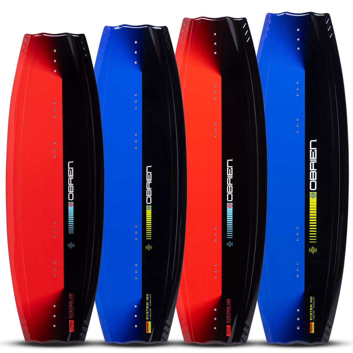 Side-by-side view of O'Brien System Wakeboards in red and blue, highlighting available color options.