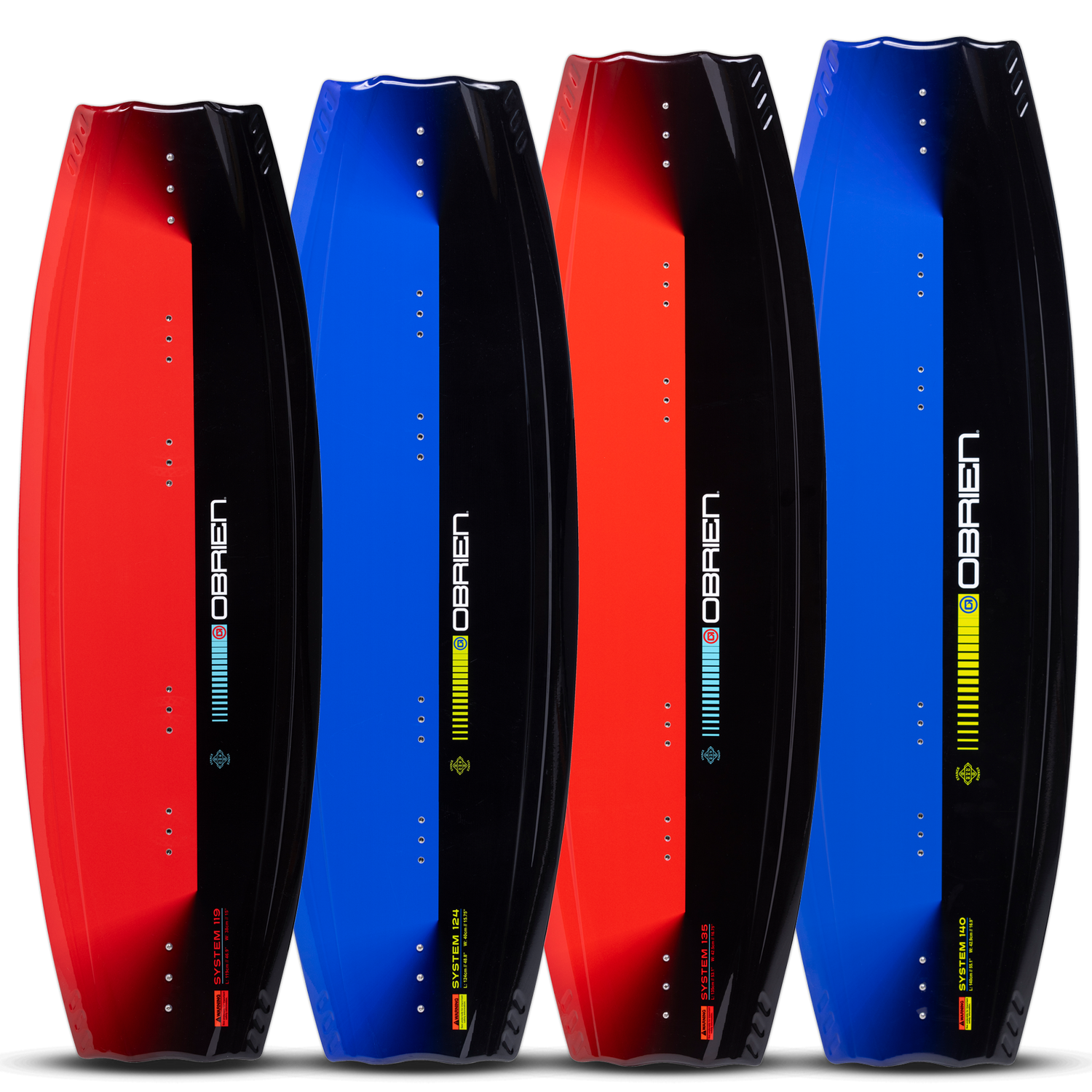 Side-by-side view of O'Brien System Wakeboards in red and blue, highlighting available color options.