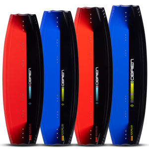 Side-by-side view of O'Brien System Wakeboards in red and blue, highlighting available color options.