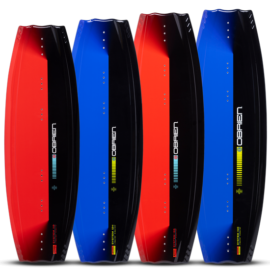 Side-by-side view of O'Brien System Wakeboards in red and blue, highlighting available color options.