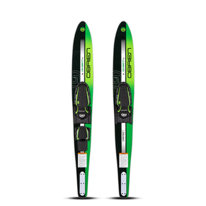 Pair of green water skis with OBrien logo on a white background