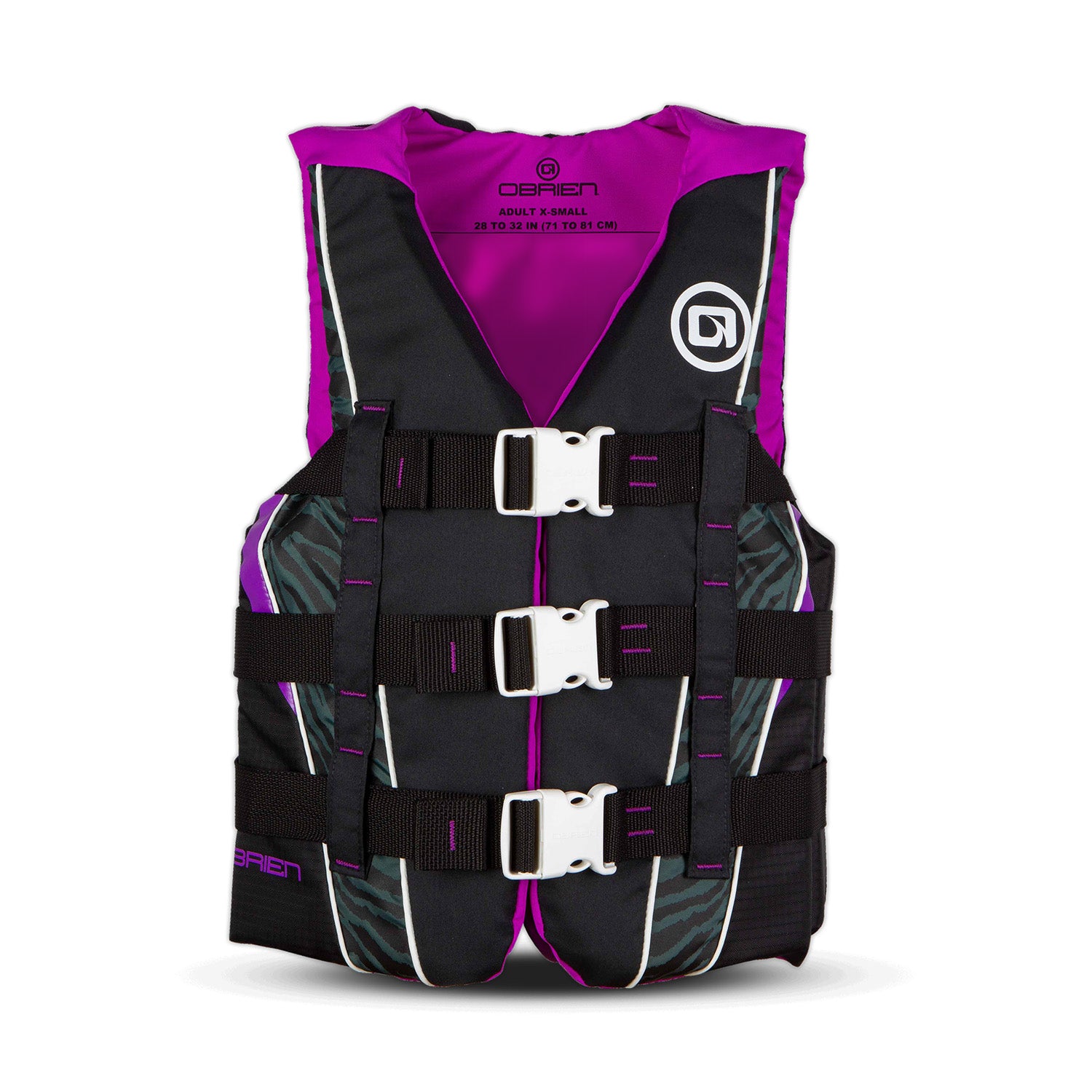 Black and purple life vest with white buckles on a white background