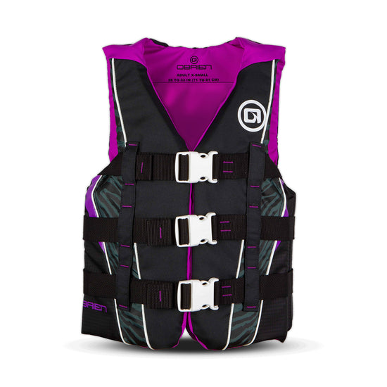 Black and purple life vest with white buckles on a white background