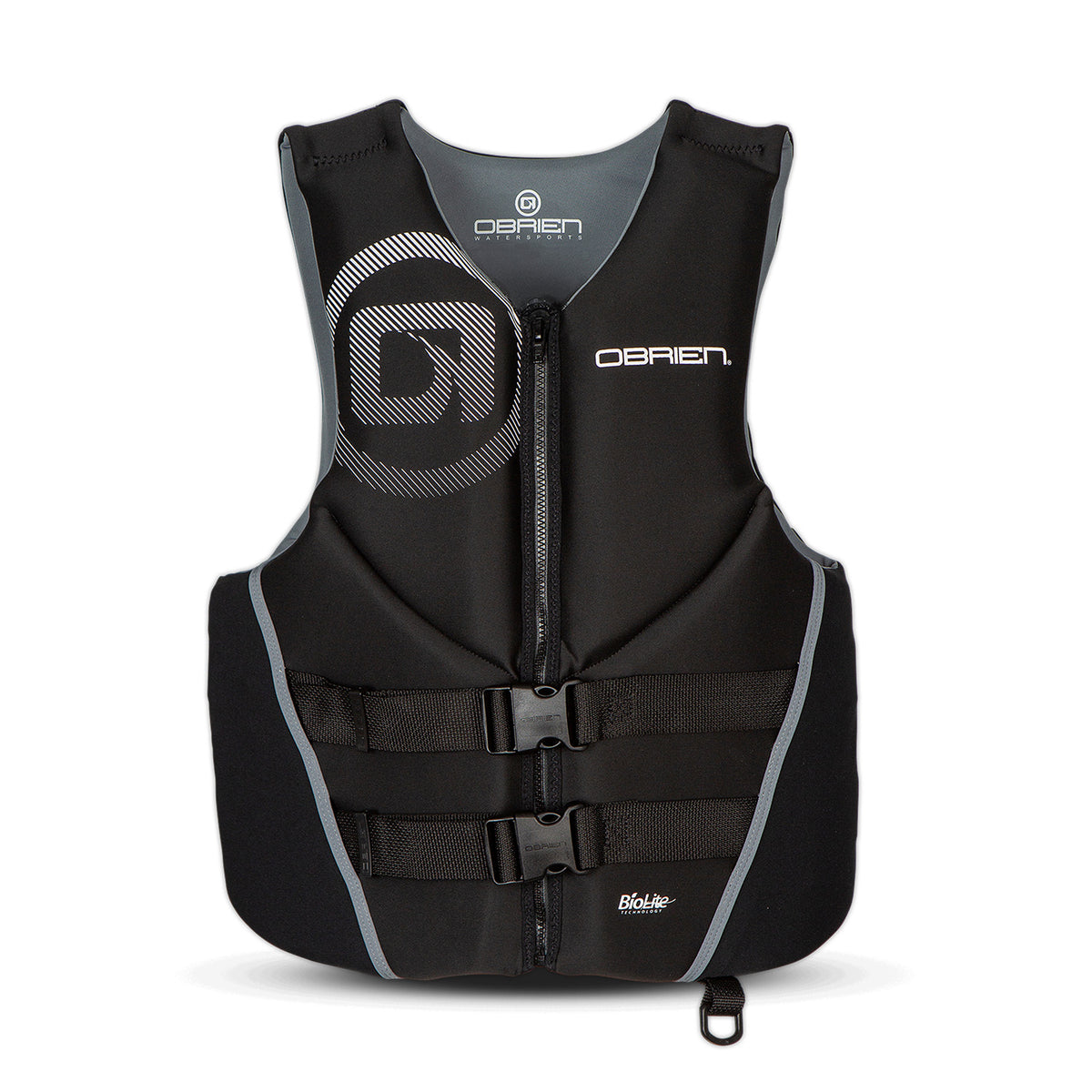 Black life vest with gray accents on a white background