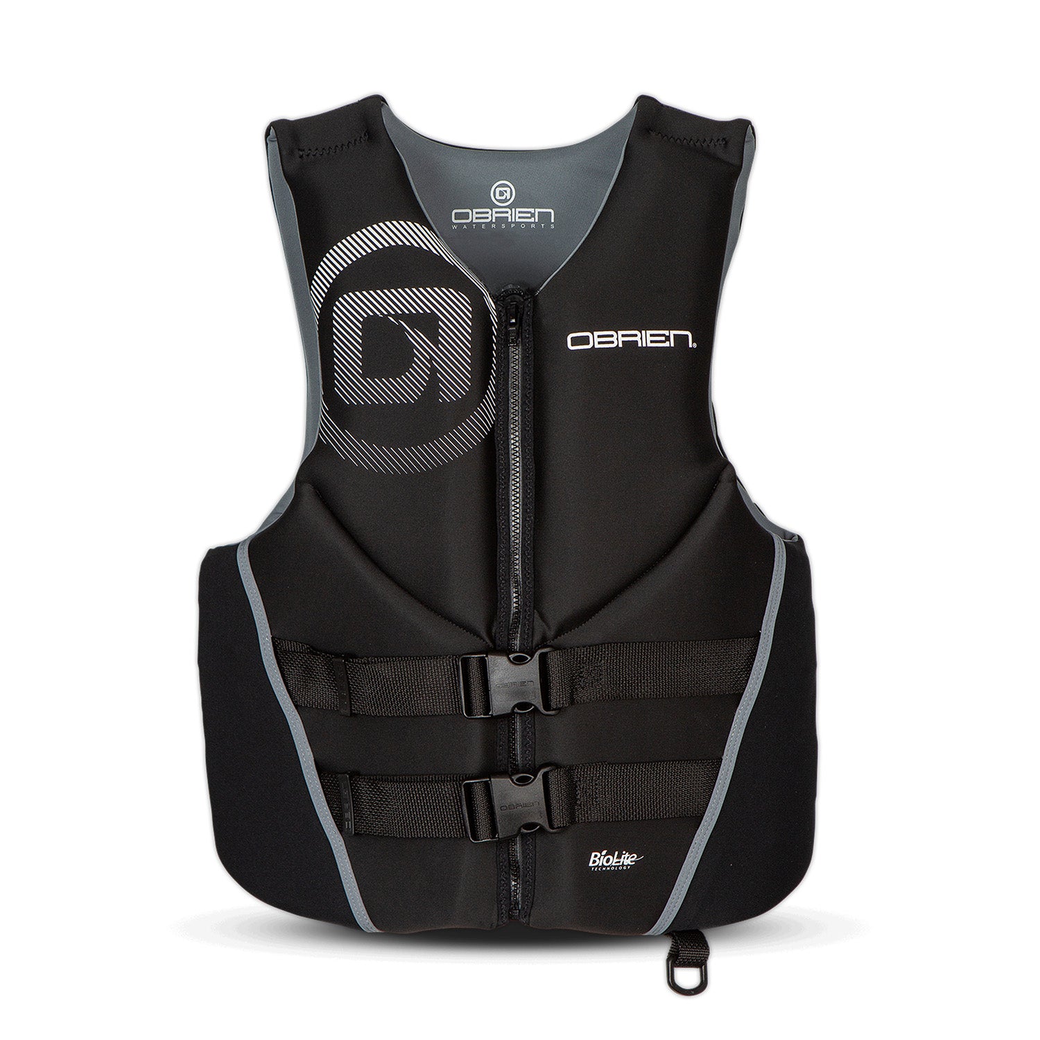 Black life vest with gray accents on a white background