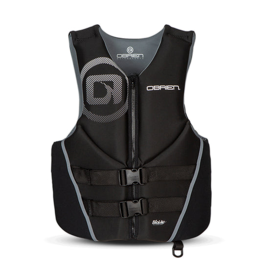 Black life vest with gray accents on a white background