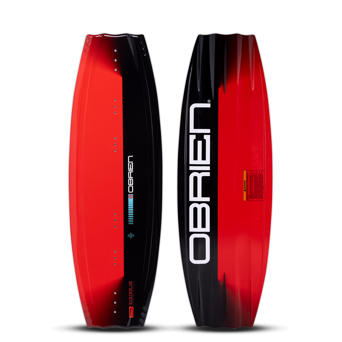 O'Brien System Wakeboard top and base view in red and black, with a glossy finish and deep channels.
