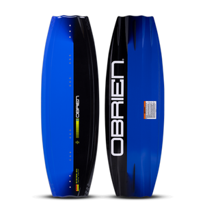 O'Brien System Wakeboard top and base view in blue and black, featuring bold branding and aggressive channeling.