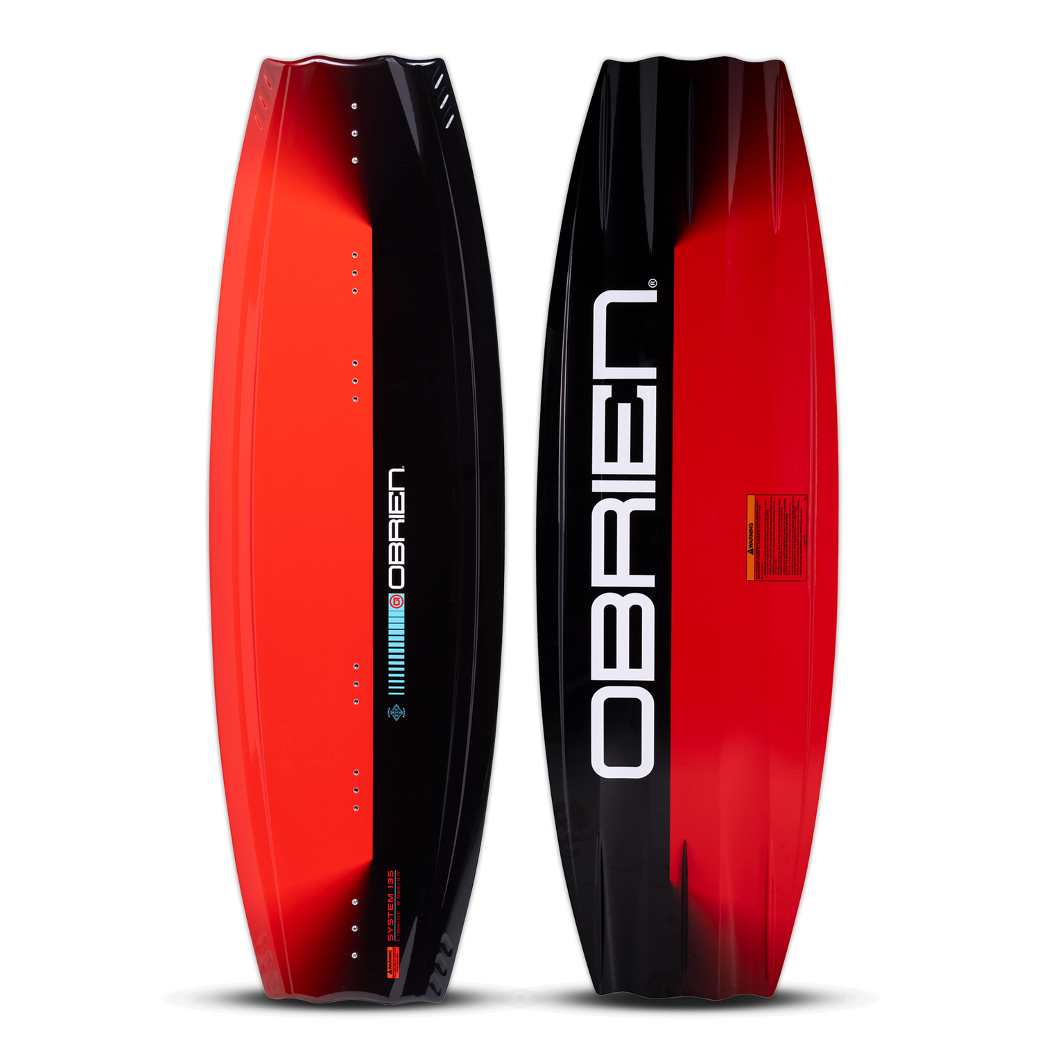 O'Brien System Wakeboard top and base view in red and black, showcasing its durable and high-performance shape.