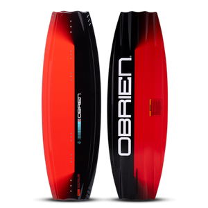 O'Brien System Wakeboard top and base view in red and black, showcasing its durable and high-performance shape.