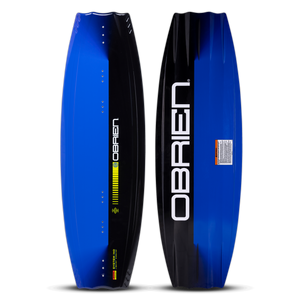 O'Brien System Wakeboard top and base view in blue and black, featuring sleek contours and bold branding.
