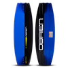 O'Brien System Wakeboard top and base view in blue and black, featuring sleek contours and bold branding.