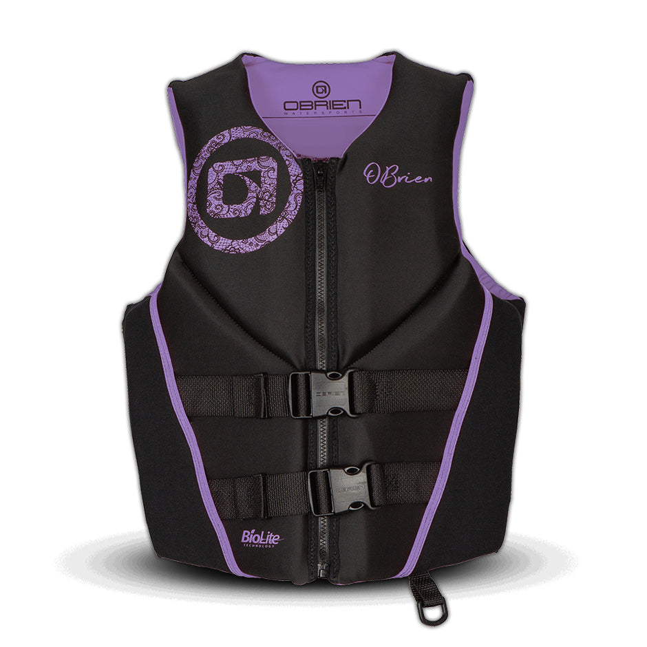 Black and purple life vest with O'Brien branding on a white background