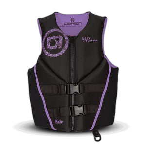 Black and purple life vest with O'Brien branding on a white background