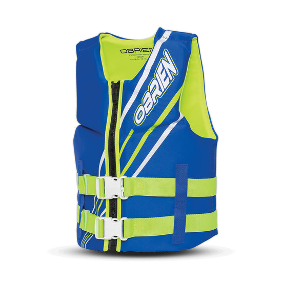 Blue and green life jacket with O'Brien branding on a white background