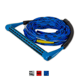 Angled view of the O'Brien 4-Section Poly-E Wakeboard Rope and Handle Combo in blue, with a textured grip and floating rope.