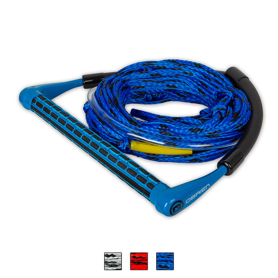 Angled view of the O'Brien 4-Section Poly-E Wakeboard Rope and Handle Combo in blue, with a textured grip and floating rope.