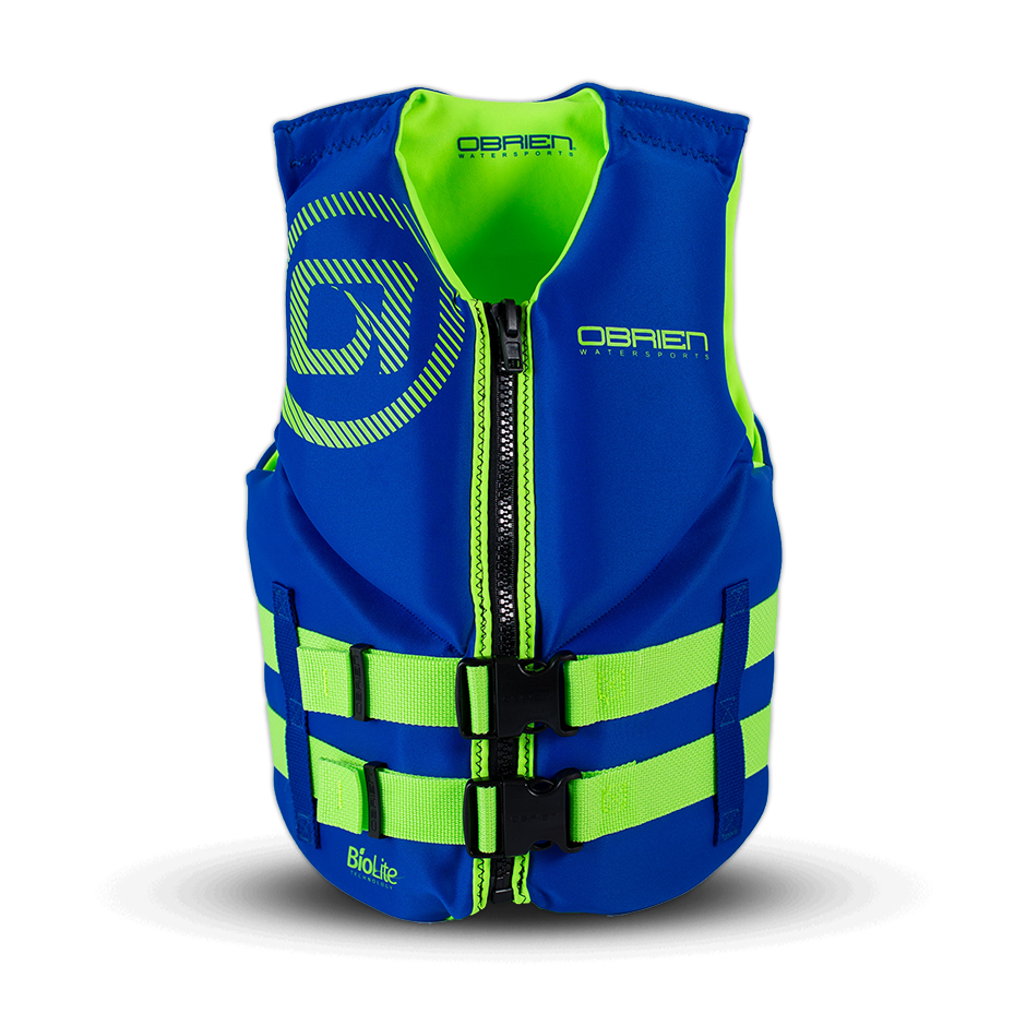 Front view of the O'Brien Junior Life Jacket in blue with neon green accents, a zipper, and two buckle straps.