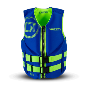 Front view of the O'Brien Junior Life Jacket in blue with neon green accents, a zipper, and two buckle straps.