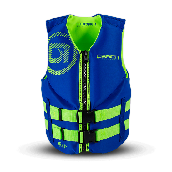 Front view of the O'Brien Junior Life Jacket in blue with neon green accents, a zipper, and two buckle straps.