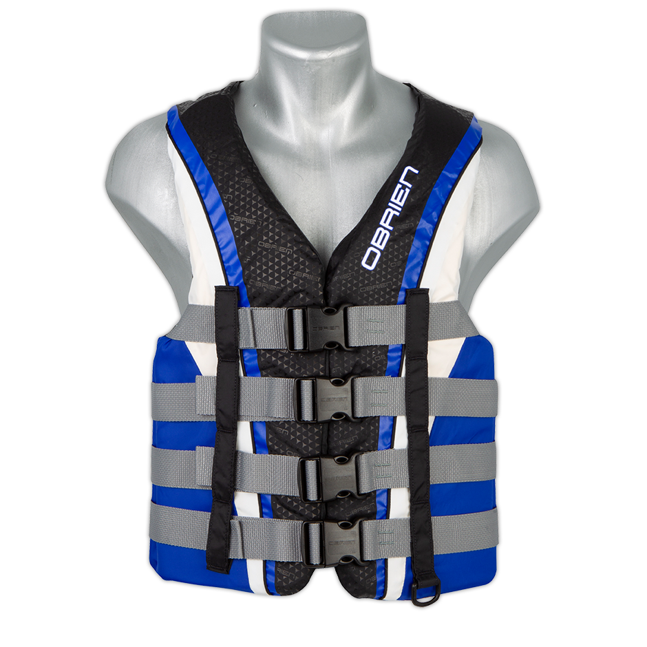 Black and blue O'Brien Men's 4-Belt Pro Life Jacket with four belts and a front zipper.