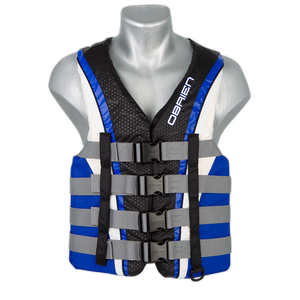 Black and blue O'Brien Men's 4-Belt Pro Life Jacket with four belts and a front zipper.