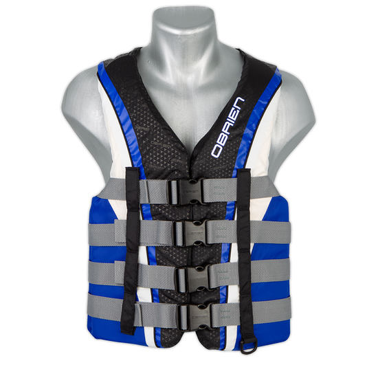 Black and blue O'Brien Men's 4-Belt Pro Life Jacket with four belts and a front zipper.