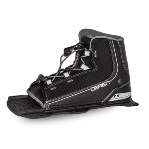 Angled view of the O'Brien Z9 Front Waterski Binding in black with gray accents, open-toe design and lace adjustment.